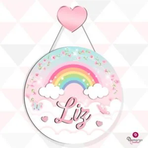 Porta Maternidade Arco-íris e Borboletas Personalizado com Nome em 3D