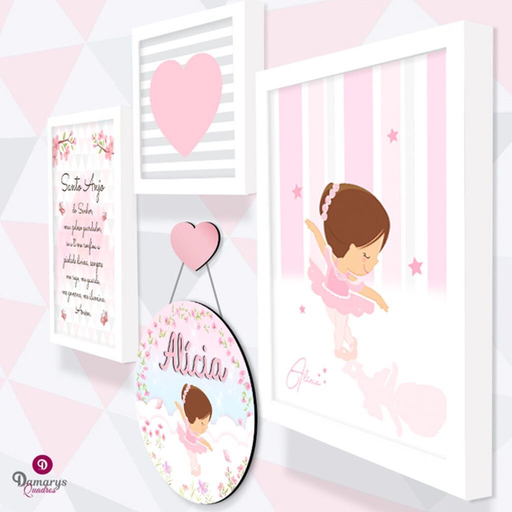 Kit 3 Quadros e Porta Maternidade Bailarina no Jardim Personalizado