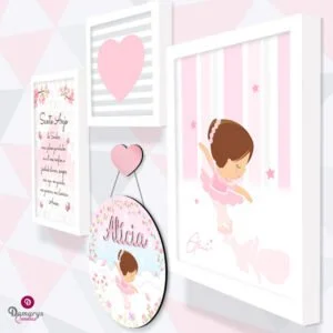 Kit 3 Quadros e Porta Maternidade Bailarina no Jardim Personalizado
