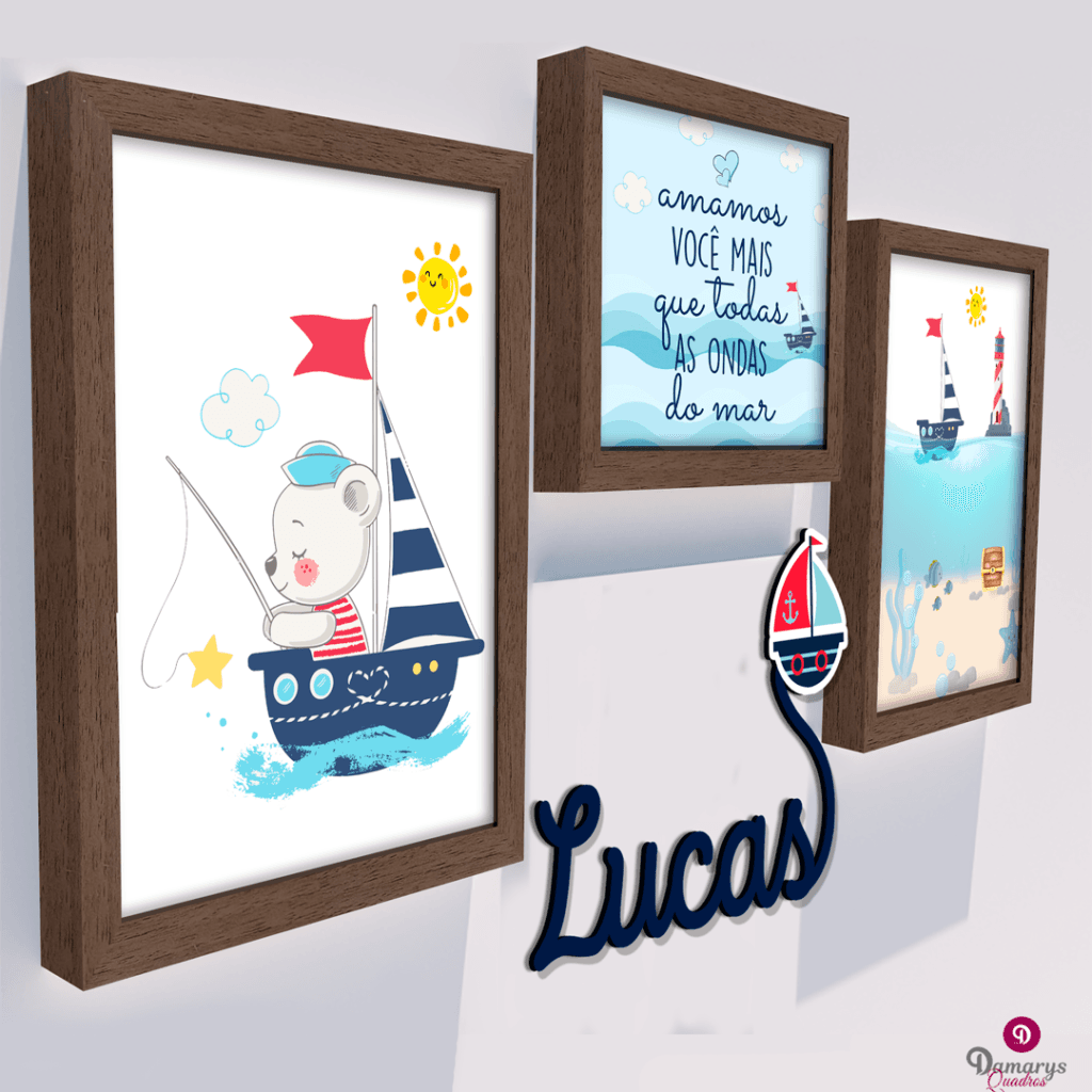Quadro Infantil Kit Ursinho Marinheiro Personalizado com Nome
