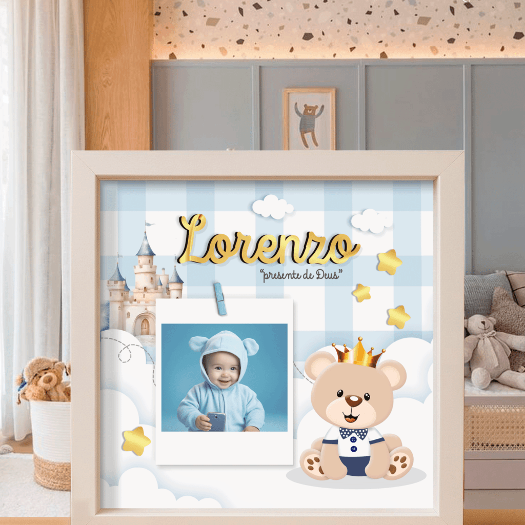 1 Enfeite de Quarto de Bebê: Quadro Ursinho Príncipe e Foto