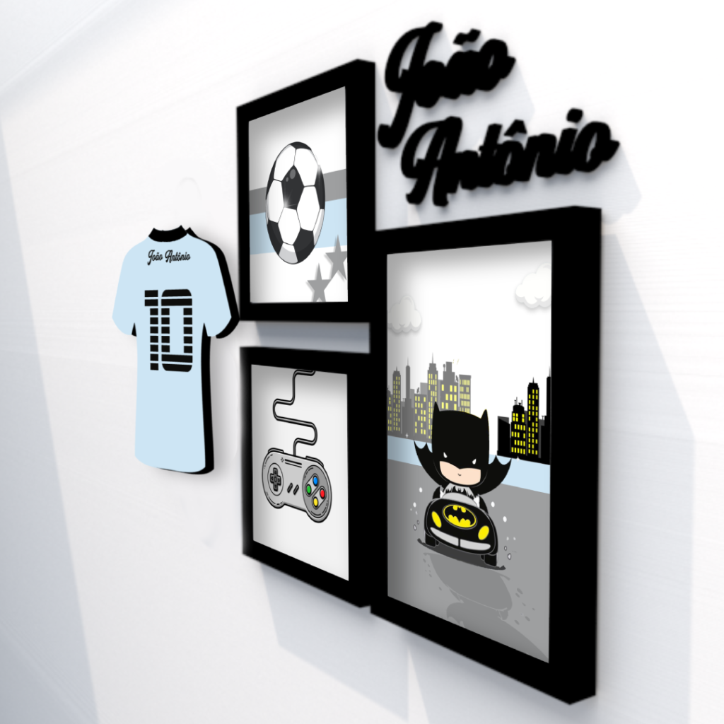Quadro Infantil Kit Futebol Batman e Vídeo Game personalizado