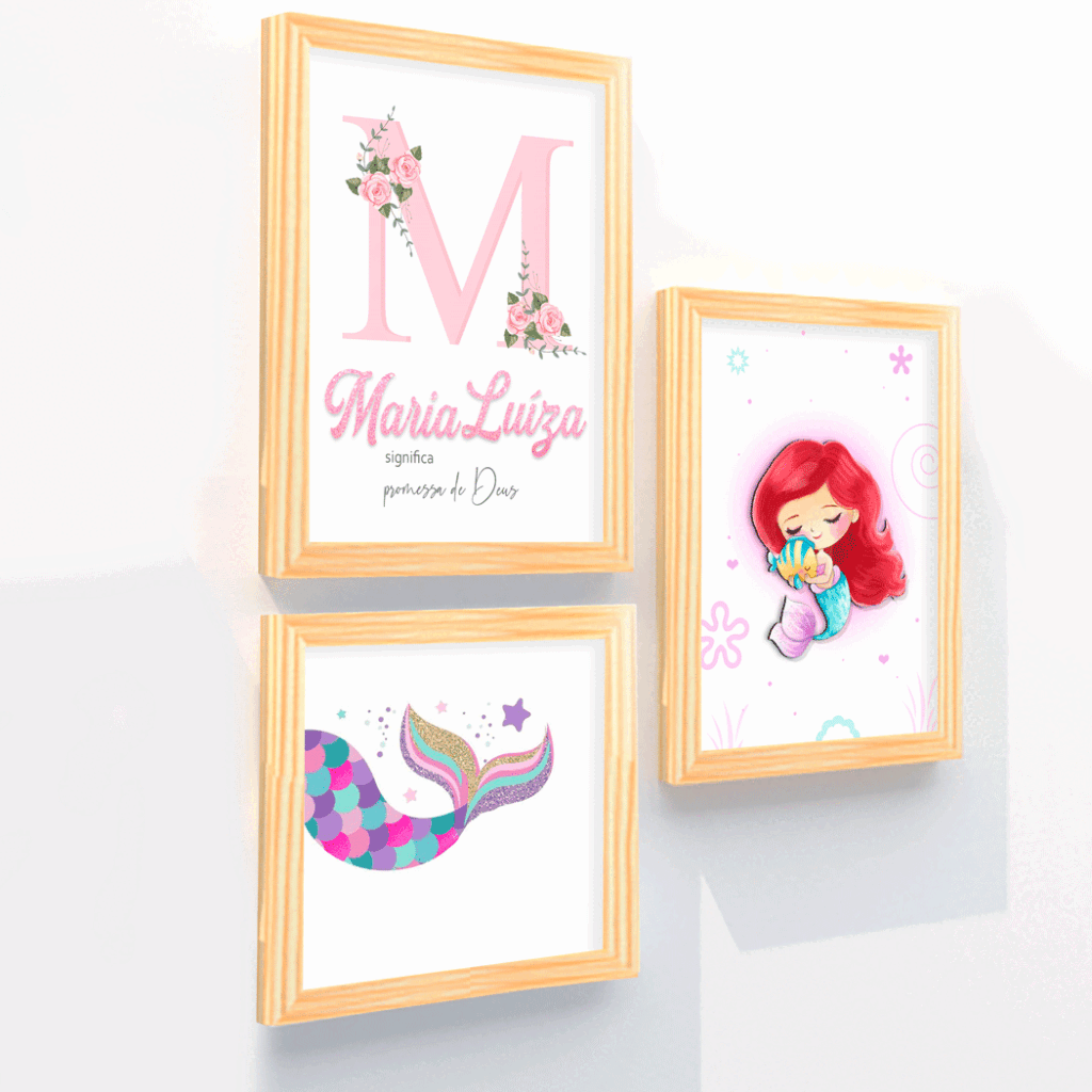 Quadro Infantil Kit Sereia Fundo do Mar personalizado com nome