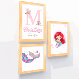 Quadro Infantil Kit Sereia Fundo do Mar personalizado com nome