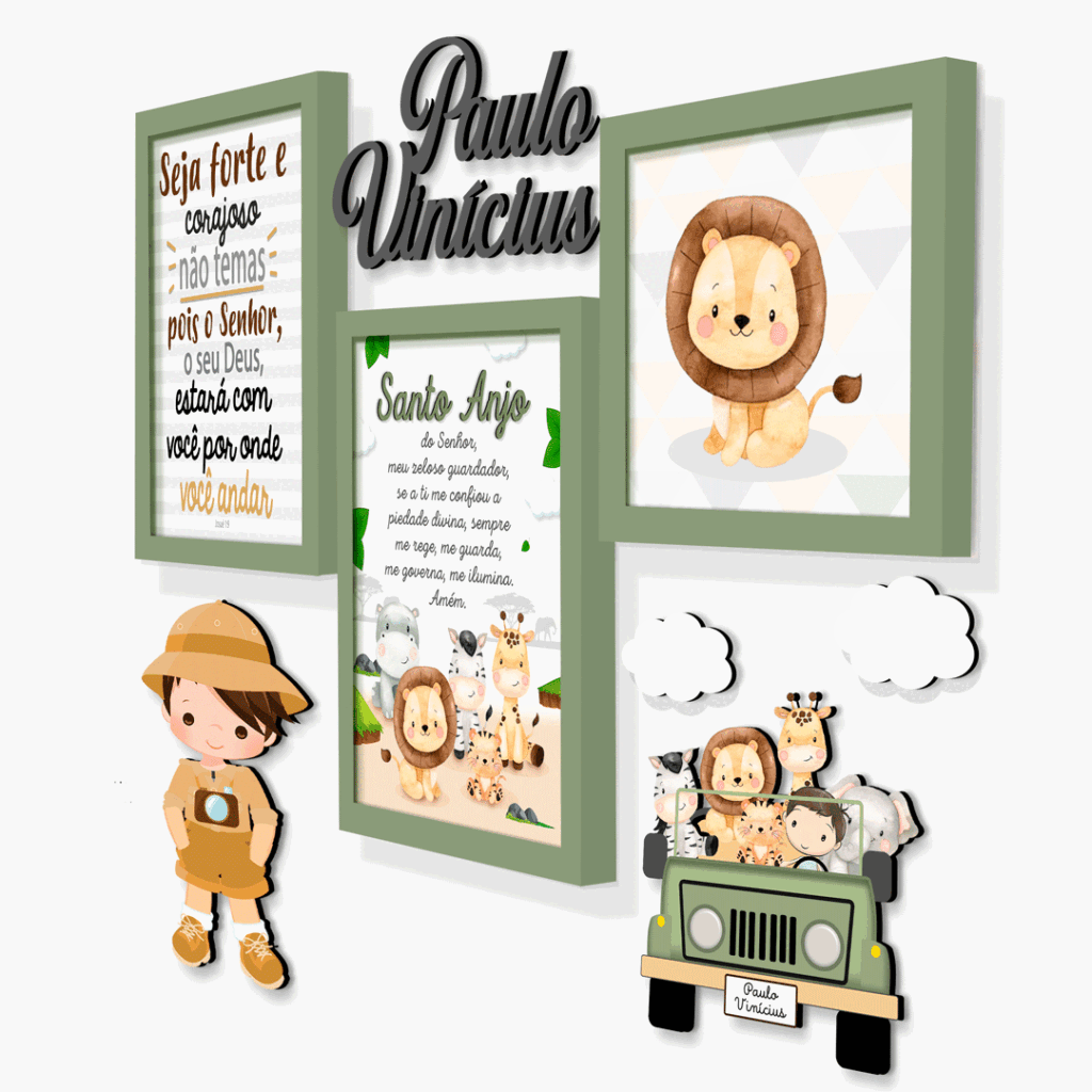 Quadro Infantil Kit Safári Carrinho com nome em MDF e nuvens