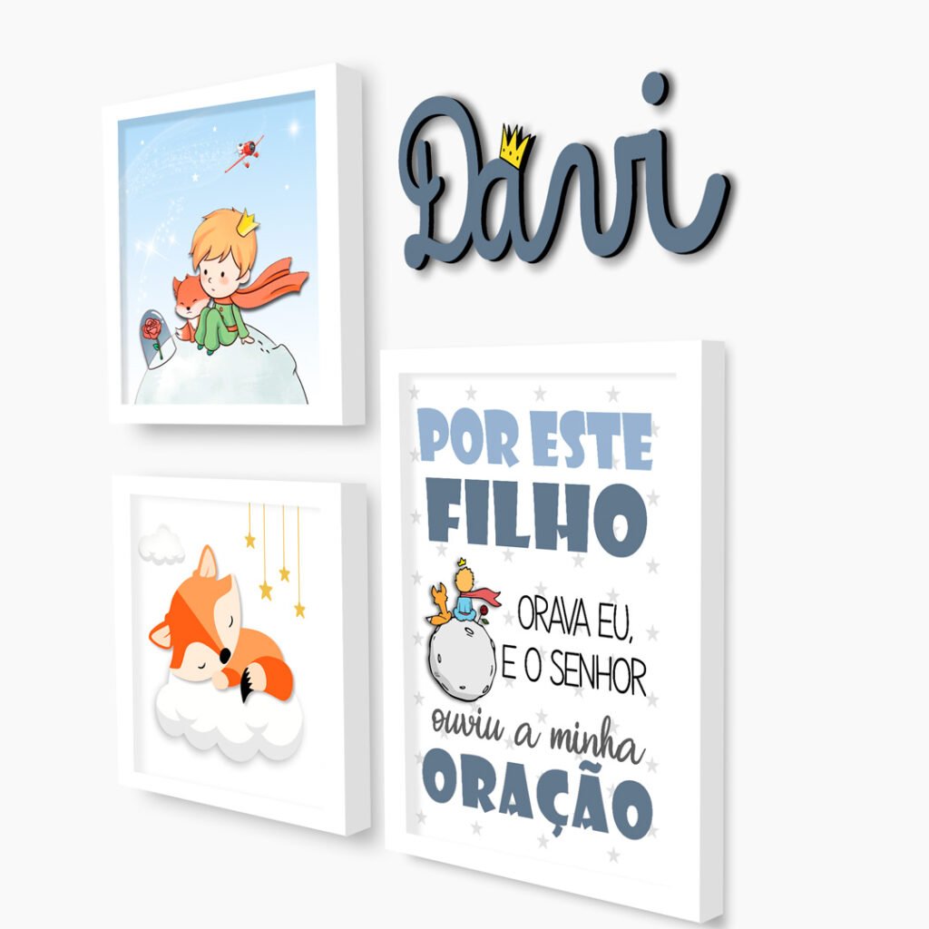 Quadro Infantil Kit Pequeno Príncipe com nome em MDF personalizado