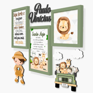Quadro Infantil Kit Safári Carrinho com nome em MDF e nuvens