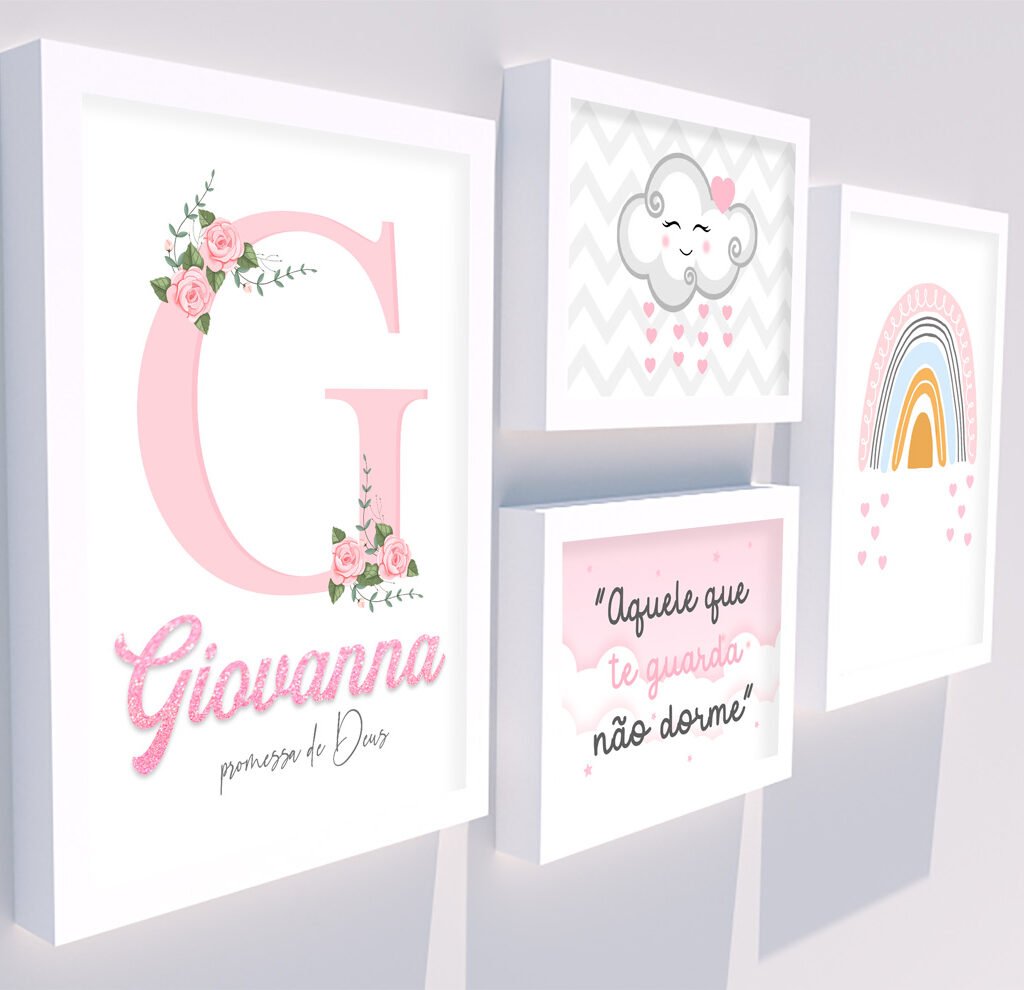 Kit Chuva de Amor com Arco-íris quadros infantis em madeira e vidro