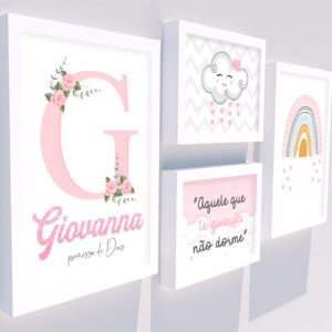 Kit Chuva de Amor com Arco-íris quadros infantis em madeira e vidro