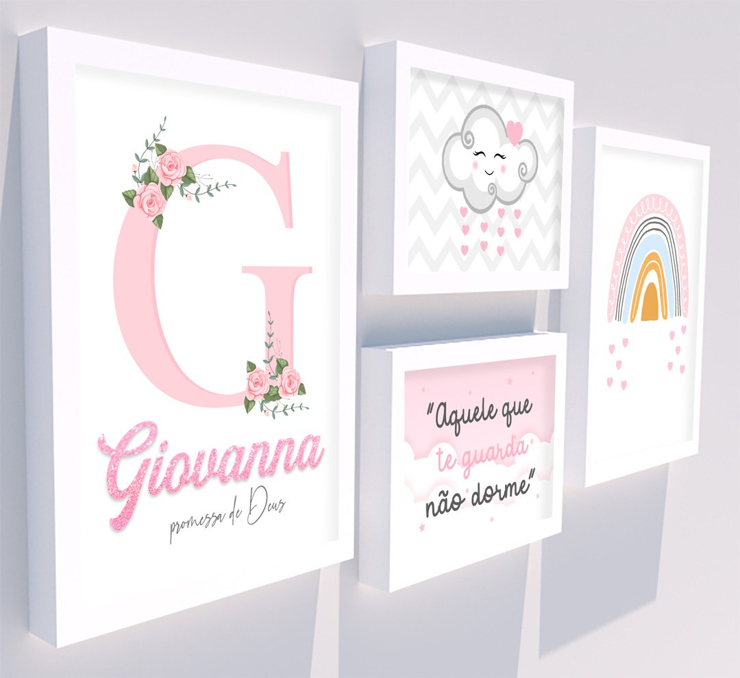 Kit Chuva de Amor com Arco-íris quadros infantis em madeira e vidro