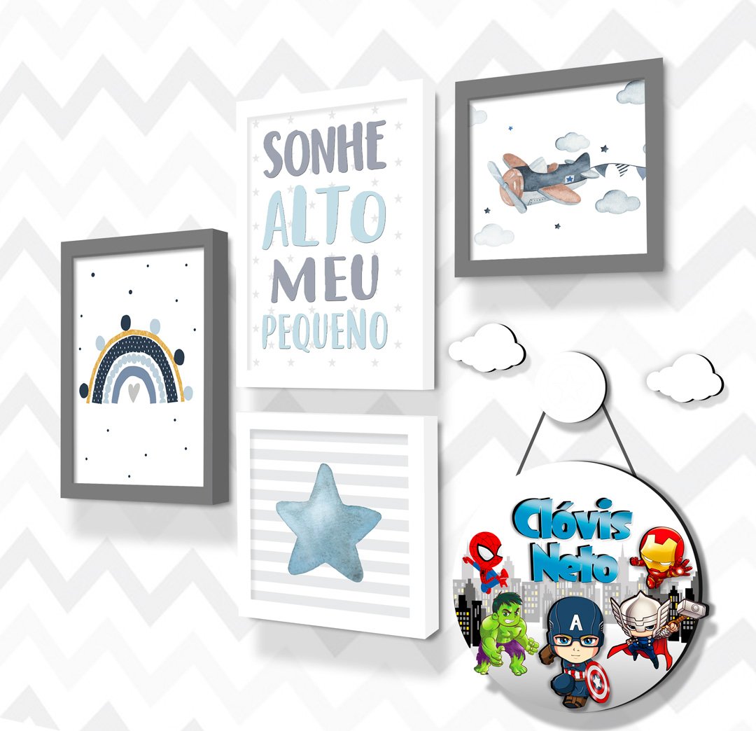 Kit quadro super-heróis aquarela Damarys Quadros