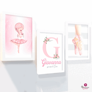 Kit Quadros Bailarina com Inicial - 3 Peças Personalizadas