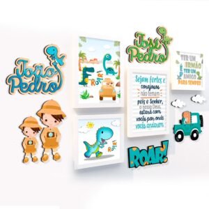 Kit Quadro Dinossauro Irmãos - 8 Peças + Nomes em Acrílico
