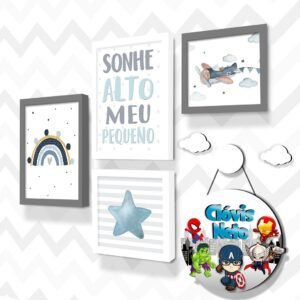 Kit Quadro Super-Heróis Aquarela - 7 Peças + Porta Maternidade 3D