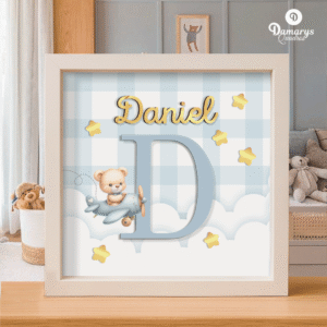Quadro decorativo para quarto de bebê Ursinho Aviador com nome