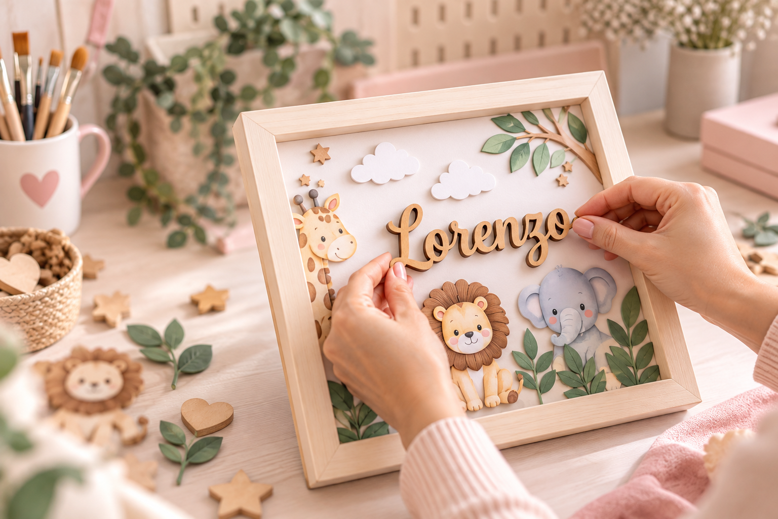 Mãos montando quadro infantil personalizado em madeira com tema safári